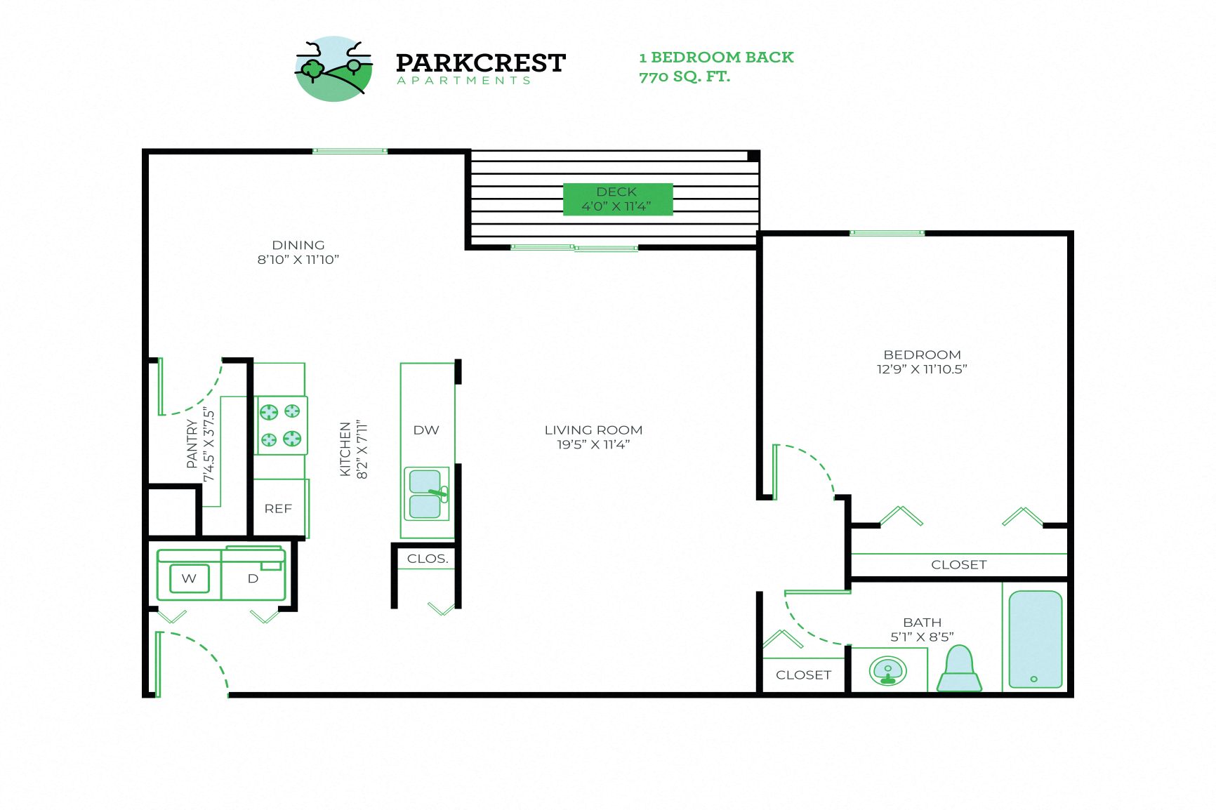Floor plan for 1 bed, 1 bath, 770 sqft